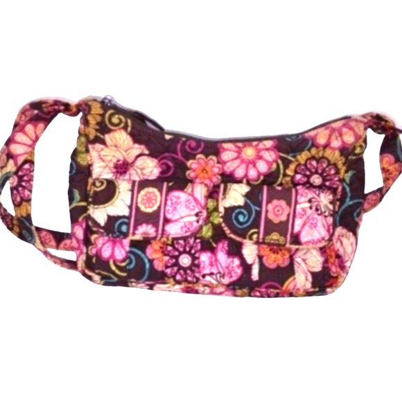 Vera Bradley "Libby" Brown & Pink Mod Floral Fabric Small Shoulder Bag 10"X6"X3" - Picture 1 of 9